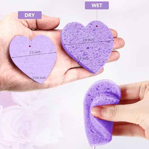Nuenen 60 Pieces Facial Sponges with Container, Heart Shape Compressed Face Sponges Natural Cleaning Pads for Washing Face Cleaning Exfoliating Esthetician Makeup Removal(Purple)