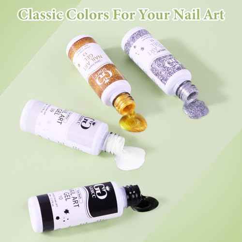 Gel Nail Art Polish Set with Thin Brush ? 4 Colors White Gel Nail Polish Black Silver Glitter Liner for Nail Art Design French Tips Soak Off UV/LED 8ml