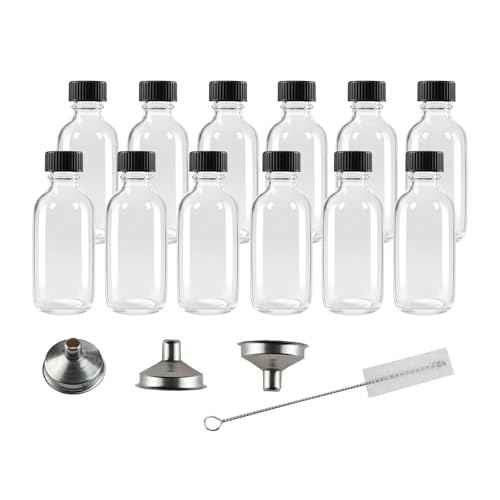 12 Pack 2 oz Glass Shot Bottles with Caps,Clear Round Small Glass Ginger Shot Bottle With Lids, 60ml Mini Travel Essential Bottles Suitable for DIY Juice,Potion,Whiskey and Other Drinks