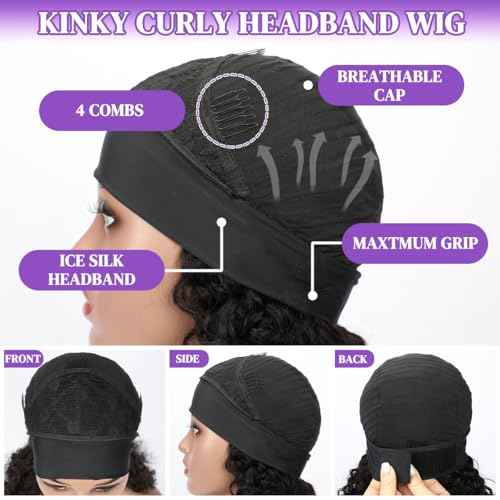 Curly Headband Wig Human Hair 24 Inch Glueless None Lace Front Deep Curly Wig Wear and Go Wigs for Black Women Machine Made Headband Half Wigs 180% Density Natural Color