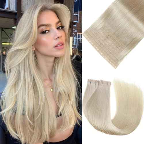 Micro Ring PU Hair Extensions Remy Human Hair Extension Platinum Blonde Glueless Skin Weft Human Hair Extensions PU Invisible Tape in Hair Extension for Women (70g 8Pcs,20 Inch)