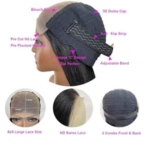 6x5 Wear and Go Glueless Wigs Human Hair Pre Plucked Pre Cut 200% Density HD Lace Straight Lace Front Wigs Human Hair Glueless Lace Front Wigs For Women 26 Inch