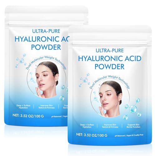 Hyaluronic Acid Powder - 2Pack, High Molecular Weight Hyaluronic Acid Serum PowdeCosmetics Grade | Skin Hydration and Moisture Support Supplements, 7.04 Oz