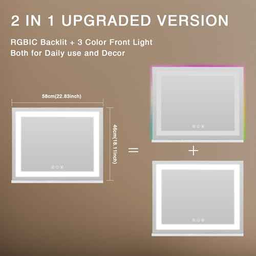 COOLJEEN RGB Vanity Mirror with Lights 23¡± X 18¡± Makeup Mirror with Front Light and RGB Backlit Lighted Makeup Mirror with 3 Color Lighting Dimmable Tempered Glass 10x Magnification and Wall-Mounted