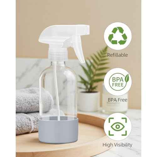 2 Pack Glass Spray Bottles 8 oz, Empty Refillable Containers with Silicone Sleeve Protection, Glass Spray Bottles for Cleaning Solutions, Hair and Plants with Adjustable Nozzles Blue&Grey