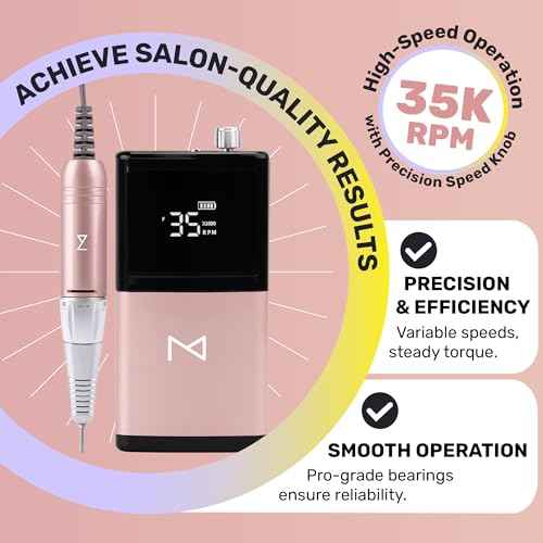M - E-ZDrill Rechargeable Electric Nail Drill, 35k RPM, Smart Speed & Battery LCD, Portable Lightweight, Forward/Reverse, Aluminum Metal, Acetone Resistant Nail Drill (Rose Gold)