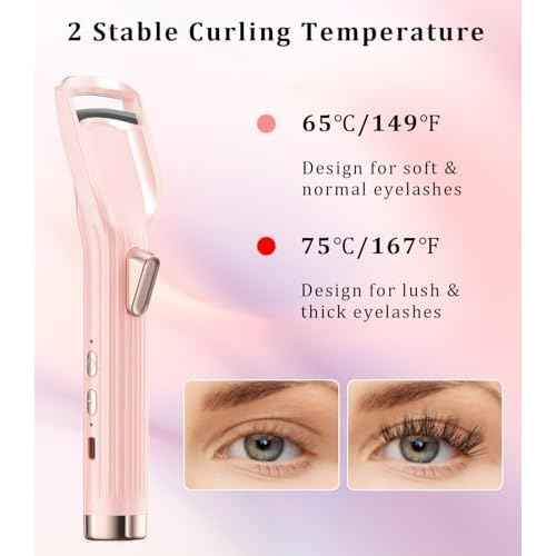 Heated Eyelash Curler Premium PRO - Fast Heat up in 8s - 24 Hours Long Lasting - Rechargeable Electric Eyelash Curler with Type-C, Innovative L Silicone, 2 Heat Modes, Anti-Burn Eyelid, Pink-DC