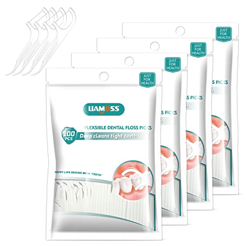 400 Count Dental Floss Picks-Tooth Picks Flossers for Adults-LIAMOSS No Break& No Shred Floss Sticks-Family Best Dental Oral Care Set(Pack of 4)