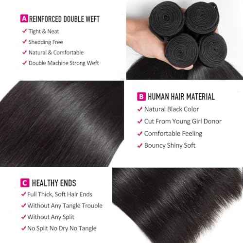 Straight Bundles Human Hair 20 22 24 26 Inch 4 Bundles Human Hair Straight 100% Unprocessed Brazilian Virgin Hair Weave Bundles Human Hair Extension for Women Trippy Hair Bundle Natural Color