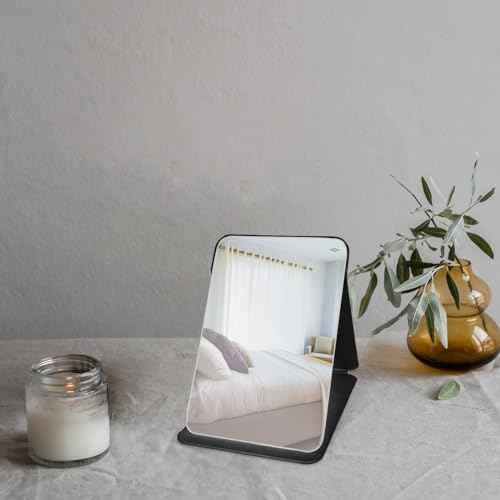 Makeup Mirror, 4x6 Inches Portable PU Leather Mirror, Folding Desktop Vanity Mirror with Adjustable Stand for Vanity Table, Office, Travel (S, Black)