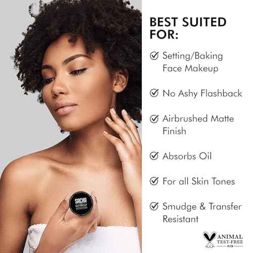 Sacha BUTTERCUP Mini Setting Powder. No Ashy Flashback. Blurs Fine Lines and Pores. Loose, Translucent Face Powder to Set Makeup Foundation or Concealer. For Medium to Dark Skin Tones, 0.35 oz.