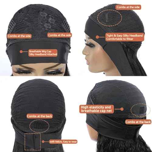 Short Headband Wigs for Black Women Water Wave Human Hair No Glue Curly Headband Wig Human Hair Curly Brazilian Virgin Hair 150% Density No Gel No Lace Wigs Natural Black Headband Wig (14inch)