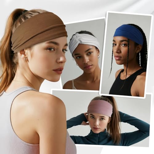 Headbands for Women, Non Silp Wide Hair Bands, Elastic Thick Head Bands, Stretchy Soft Sports Sweat Bands for Spa Workout Running Gym, Twist Knotted Cotton Cloth Turban Hair Accessories 6Pcs
