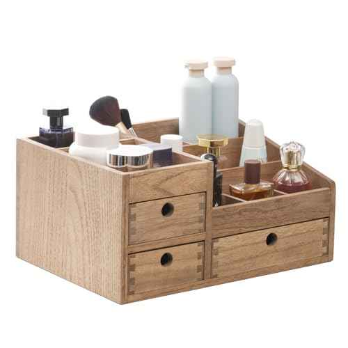 KIRIGEN Wood Makeup Organizer Storage Cabinet Tabletop Cosmetic Organizer Jewelry Storage Box 8 Compartment Makeup Display Case with 3 Drawers Brown(HZG-DBR)