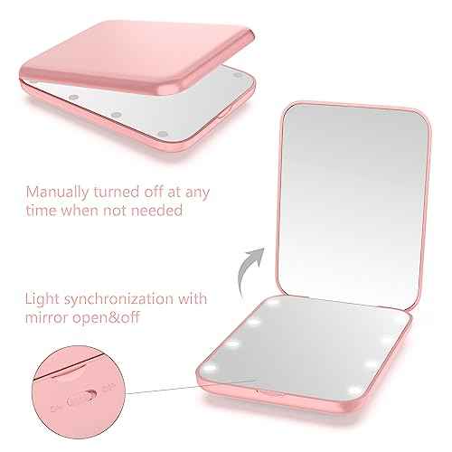 WOBSION Small Mirror with Lights,LED Compact Makeup Mirror,1x/3x Mini Travel Mirror with Magnification,Portable for Purse,Pocket,Gifts for Girls,Rose Gold