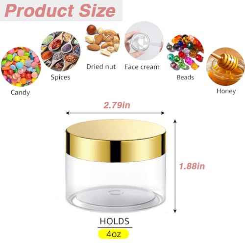 12 Pack 4 oz Plastic Cosmetic Containers With Gold Lids Refillable Clear Empty Travle Jars Containers for Body Butter,Sugar Scrubs,Cream,Lotions,Candy, Label&Spatulas