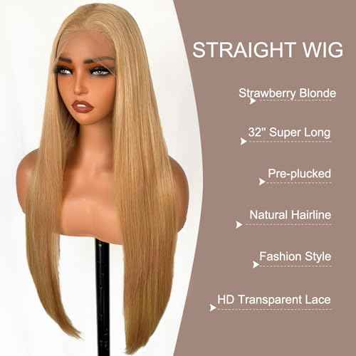 SOKU 13x6 Strawberry Honey Blonde Lace Front Wigs,32 Inch Long Straight Synthetic Hair with Pre Plucked Hairline,Free Part Silky Straight Glueless Lace Frontal Wig for Women Beginner Friendly