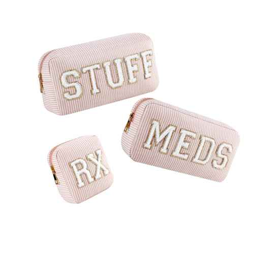 uekeboag Seersucker Chenille Letter Stuff Meds RX Makeup Bag, Travel Washable Purse Organizer with Zipper, Lightweight Toiletry Cute Personalized Preppy Cosmetic Bag For Women and Girls(3pcs Pink)