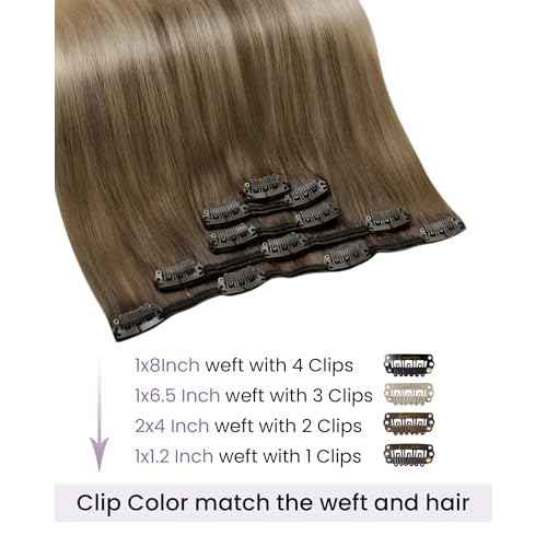 LaaVoo Clip in Hair Extensions Real Human Hair Light Brown to Ash Blonde Mix Platinum Blonde Balayage Human Hair Clip in Extensions 20 Inch 5pcs/80g