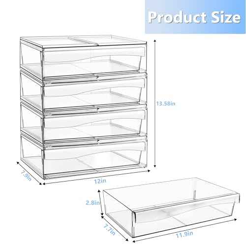 Homeanda 4 Pack Clear Stackable Storage Drawers, 12.1''W Acrylic Plastic Organizers for Makeup, Nail Polish, Snacks, Beauty Supplies, Ideal for Vanity, Bathroom, Undersink, Cabinet, Desk Organization