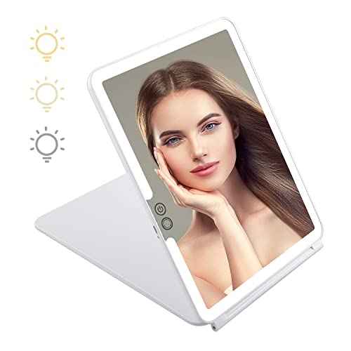 KDKD Folding Travel Mirror Lighted Makeup Mirror with 72 LEDs 3 Colors Light Modes USB Rechargable 2000mA Batteries Ultra Thin Compact Vanity Mirror with Touch Screen Dimming for Cosmetic Green