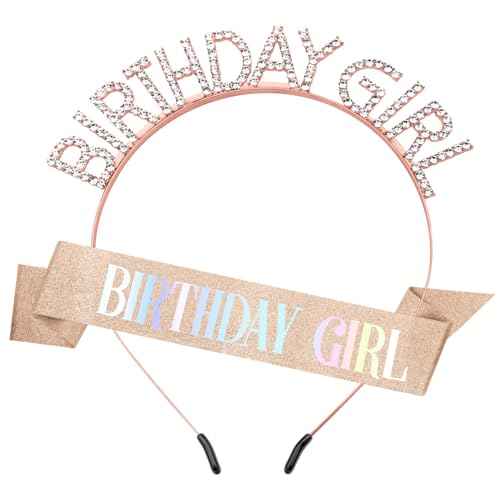 Birthday Sash Birthday Crown for Women, Birthday Girl Sash, Birthday Girl Crown, Glitter Rose Gold Birthday Sash and Crown Rhinestone Headband Set, Happy Birthday Girl Princess Tiara Sash Accessories