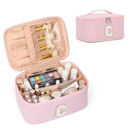 OCHEAL Makeup Bag for Women, Monogram Cosmetic Bag with Brush Holder, Pink Travel Makeup Case Beauty Toiletry Bag Organizer Personalized Gifts for Girls Bridesmaid, Sister, Wife, Friends Initial C