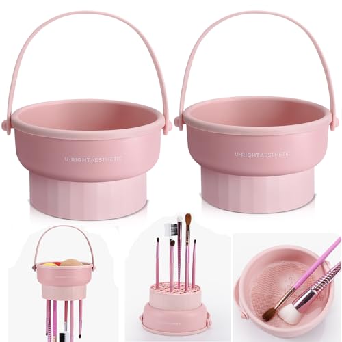 2 Pack Makeup Brush Cleaner Mat 3 in 1 Silicone Makeup Brush Cleaner Makeup Brush Cleaning Bowl Makeup Brush Sponge Scrubber Tool for Cleaning, Storage And Upside Down Drying£¨Two Pink)