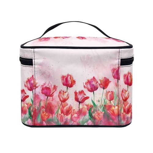 Biyejit Red Tulips Makeup Bag Large Travel Cosmetic Case Organizer Portable Storage Bag with Adjustable Dividers for Cosmetics Makeup Brushes Toiletry Accessories, Easy to Clean