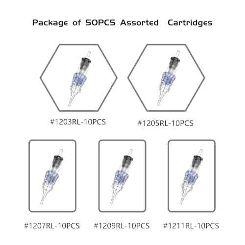 BRONC Assorted Tattoo Cartridge Needles 50pcs Mixed Tattoo Needle Cartridges Round Liner 0.35mm #12 Standard RL (3RL 5RL 7RL 9RL 11RL) for Rotary Tattoo Machine