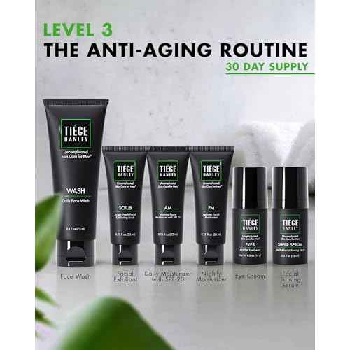 Tiege Hanley Skin Care Set for Men, Anti Aging Routine, System Level 3, Daily Face Wash, Facial Scrub, Two Moisturizers, Eye Cream, and Serum for Healthy, Hydrated Skin, Men¡¯s Skin Care, 6 Piece Kit