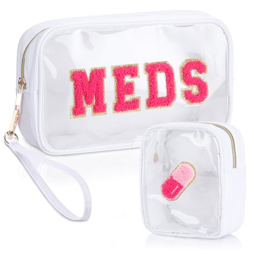 Hillban 2 Pcs Medicine Chenille Letter Bag Preppy Clear Nylon Portable Makeup Meds Cases for Travel PVC Transparent Mini First Aid Storage Bag Gift for Christmas Women(Adorable)