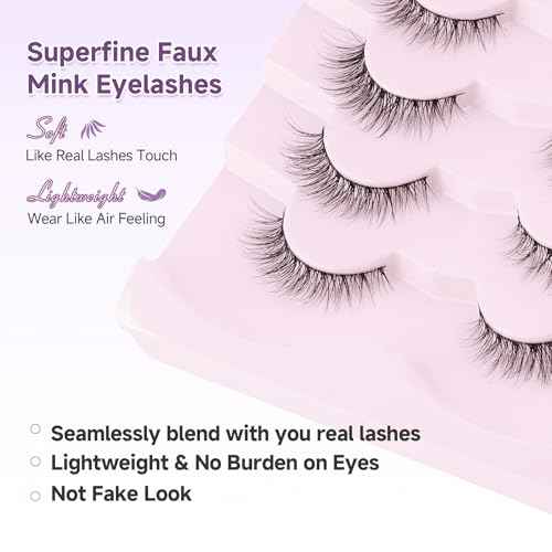 Natural Cat Eye Lashes False Eyelashes Natural 12mm Wispy Eyelashes with Thin Band 3D Volume False Lashes Soft Eye Lashes Pack C Curl Natural Eyelashes Fake Lashes 7 Pair EVENTILL