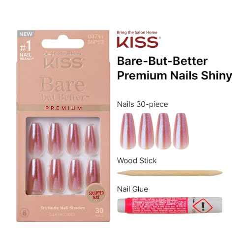 KISS False Nails Kit, Bare but Better Ready to Wear Sculpted Nails, Stick and Glue Included, Long Length, Coffin Shape, Long-Lasting Hottest Trend Glue on Nails, Convenient & Easy to Apply