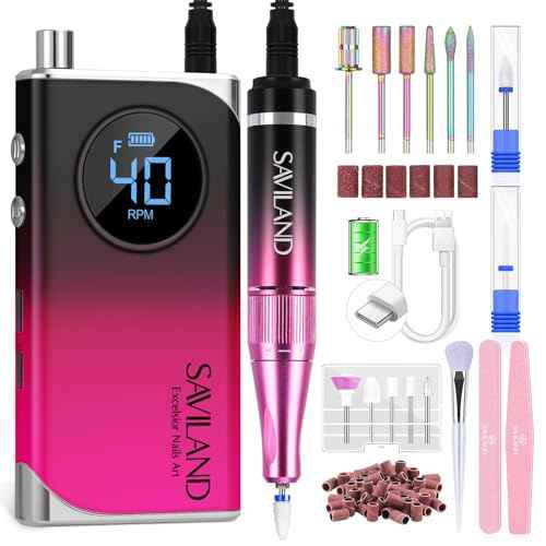 SAVILAND Professional Electric Nail Drill Machine: 40000RPM Rechargeable Nail Drill File with 4000mAh Battery, Ceramic Bit and Sanding Bands for Manicure, Pedicure, Shaping & Acrylic Removal Salon Use