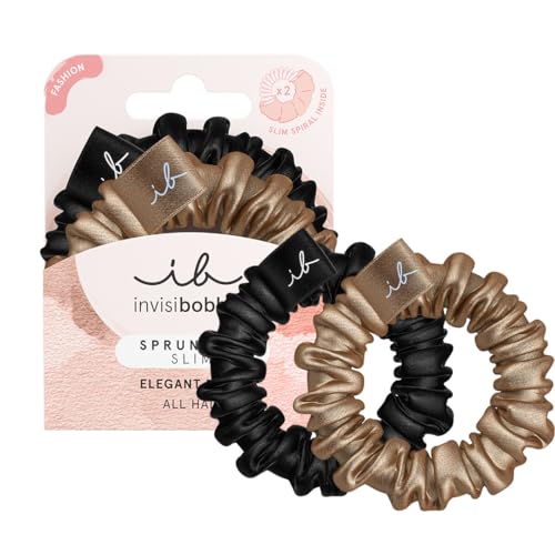 Invisibobble Sprunchie Slim Black and Gold Silk Scrunchie x2 - Silk Scrunchie with Spiral Hair Band Inside - Silk Scrunchies Soft with Great Hold