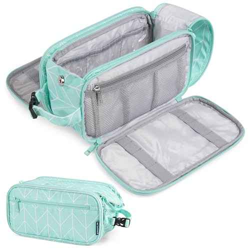 PAVILIA Large Toiletry Bag for Men Women, Mens Travel Bag Toiletries Organizer Case for Grooming, Travel Essentials Shaving Dopp Kit, PU Leather Water Resistant Cosmetic Pouch, Teal Chevron