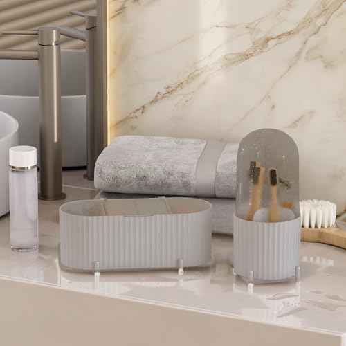 2 Pcs Lidded Makeup Organizer and Brush Holder Set, 3-Compartment Storage and Covered Brush Holder, Compact Vanity Storage for Cosmetics, Skincare, Beauty Tools, Grey