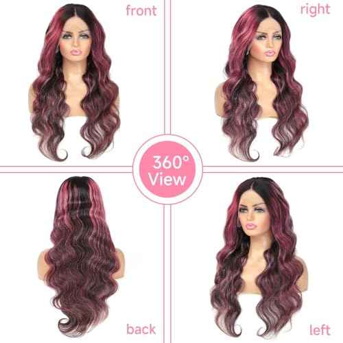 28 Inch Skunk Stripe Human Hair Wig 200% Density Pink and Black Wig 13x4 Body Wave Lace Frontal Wigs Human Hair Pre Plucked Pink Human Hair Wigs With Baby Hair