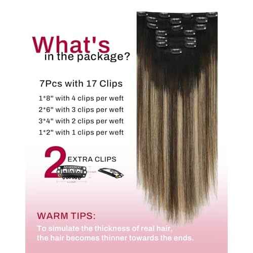 Moresoo Clip in Hair Extensions Balayage Double Weft Human Hair Clip in Extensions Ombre Black to Brown Mixed with Caramel Blonde 7pcs 120Grams 20inch