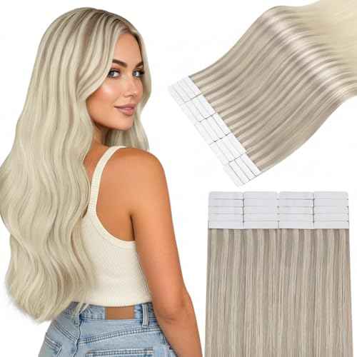 Easyouth Human Hair Extensions Tape in Blonde Ombre Tape in Hair Extensions Human Hair Ash Blonde Balayage Platinum Blonde Hair Extension Tape ins Daily Wear 22Inch 20pcs 50g Seamless Hair Extension