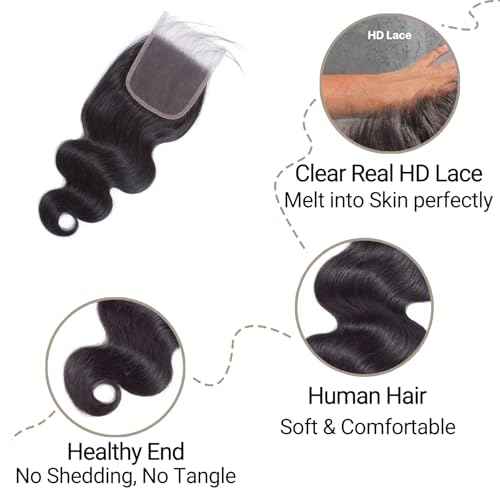 14 Inch 5x5 HD Lace Closure Body Wave Human Hair, Ultra Thin Swiss Lace, Pre Plucked Baby Hair, Natural Hairline Closure Only