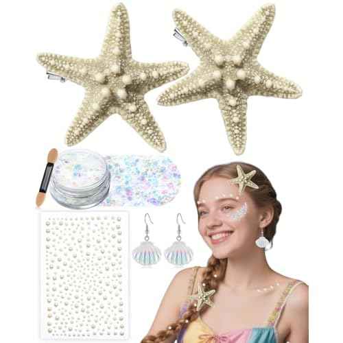 Starfish Hair Clip Mermaid Accessories: 6-PCS Halloween Costume Accessories for Women Girls Mermaid Sea Party Cosplay, Hair Clips Set with Face Glitter Gel Seashell Earrings Pearl Stickers (Realistic)