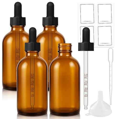 Bumobum Dropper Bottle, 4 oz Amber Glass Dropper Bottle with Measured Dropper, Empty Eye Tincture Bottles with Funnel, Pipette & Labels for Essential Hair Oils Serums, 4 Pack