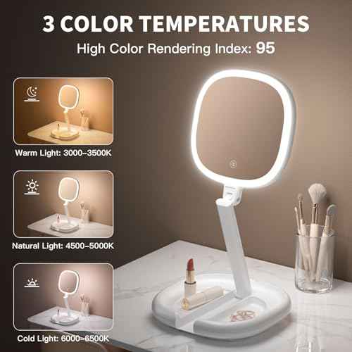 6.3¡± Makeup Mirror with Light and Magnification, 10X/1X Light Up Makeup Mirror Lighted Make Up Mirror with Adjustable Height Double Sides Folding Magnifying Mirror with Light
