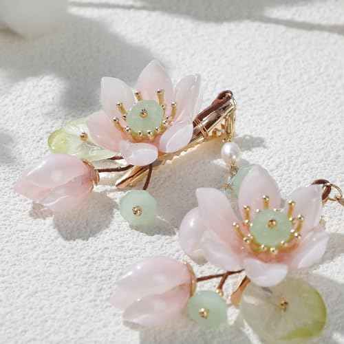 SHIYANG Handmade Pink Lotus Hair Clips, Floral Hair Decoration for Hanfu, Chinese and Korean Fashion