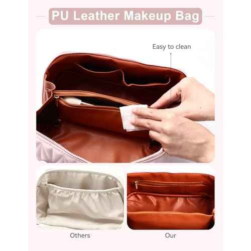 Travel Makeup Bag for Women, Large Capacity Cosmetic Bags for Girls, Compact Pouch Make up Organizer, Waterproof Toiletry Bag with Divider and Handle (Pink)