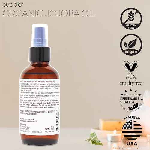 PURA D'OR 4 Oz Organic Jojoba Oil - USDA Certified - 100% Pure & Natural Moisturizer - Cold Pressed, Unrefined, Hexane Free Base Carrier Oil For DIY Skin Care, Hair, Face & Nails