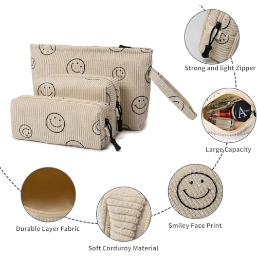 Small Cosmetic Bag set for Women Corduroy Makeup Bag with Interior Pocketes Cute Corduroy Makeup Pouches Women Small Toiletry Bag (Beige Smile)