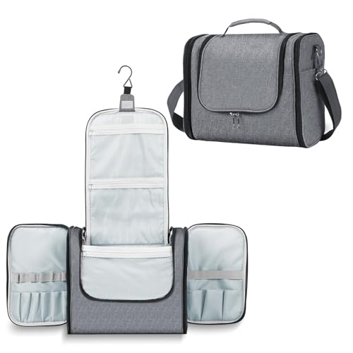 Buruis Extra Large Capacity Toiletry Bag for Women and Men, Hanging Toiletry Organizer Cosmetics Makeup Bag, Water-resistant Dopp Kit for Full Sized Toiletries, Travel Essentials (Oxford Gray)
